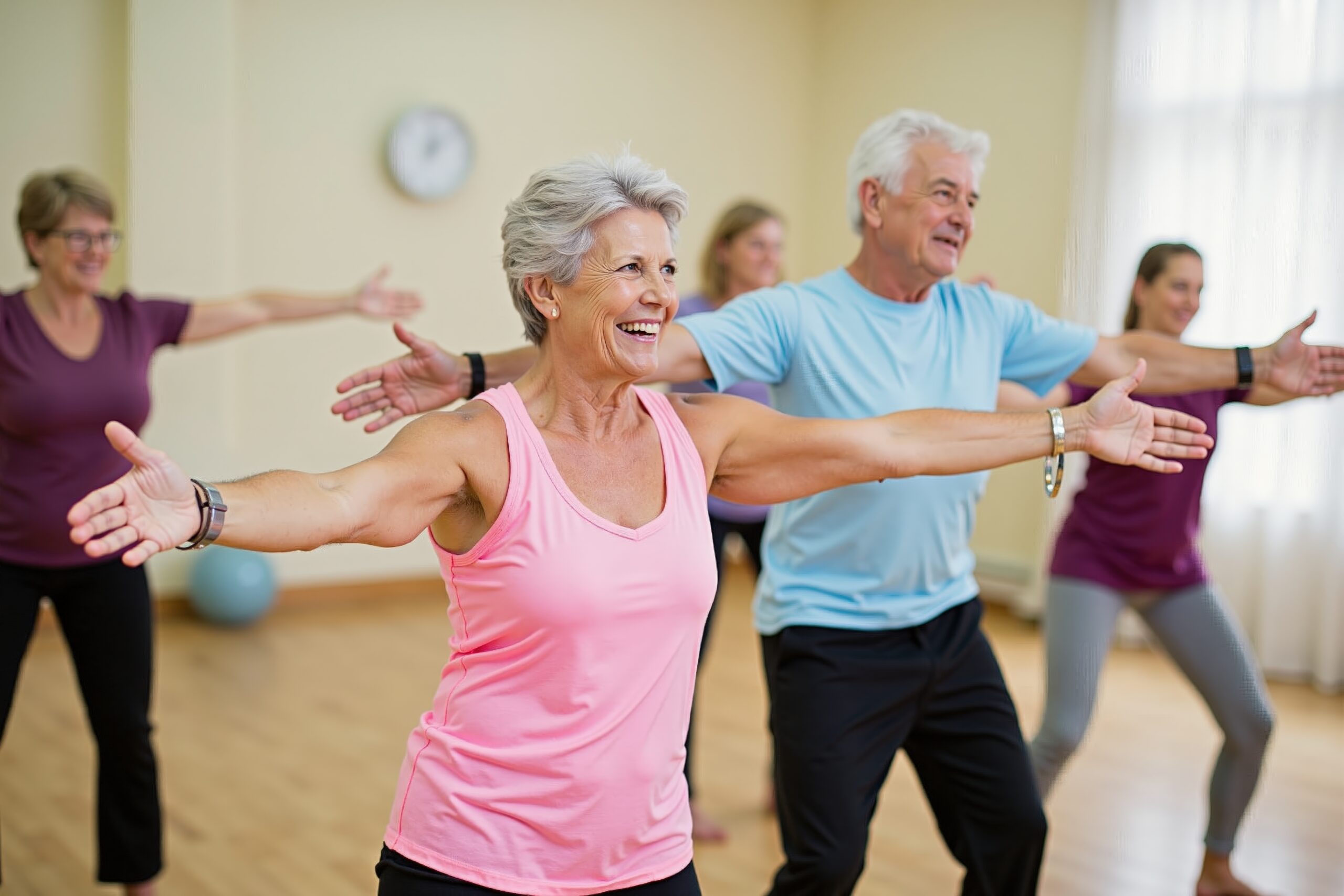 Active seniors engaging in group exercise class for health and wellness Active seniors engaging in group exercise class for health and wellness